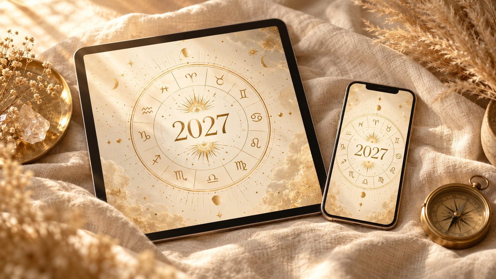 Tablet und Smartphone mit goldenem Tierkreis und der Jahreszahl 2027 auf hellem Leinen